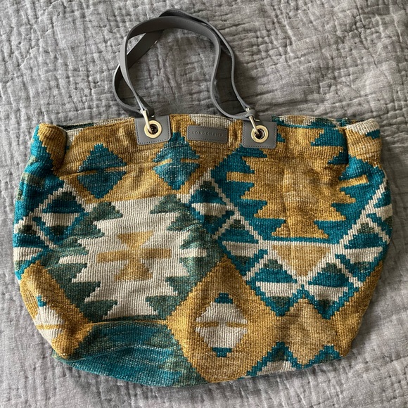 Longchamp Par Lax large cloth leather tote ochre teal taupe yellow tan Southwest - Picture 1 of 16